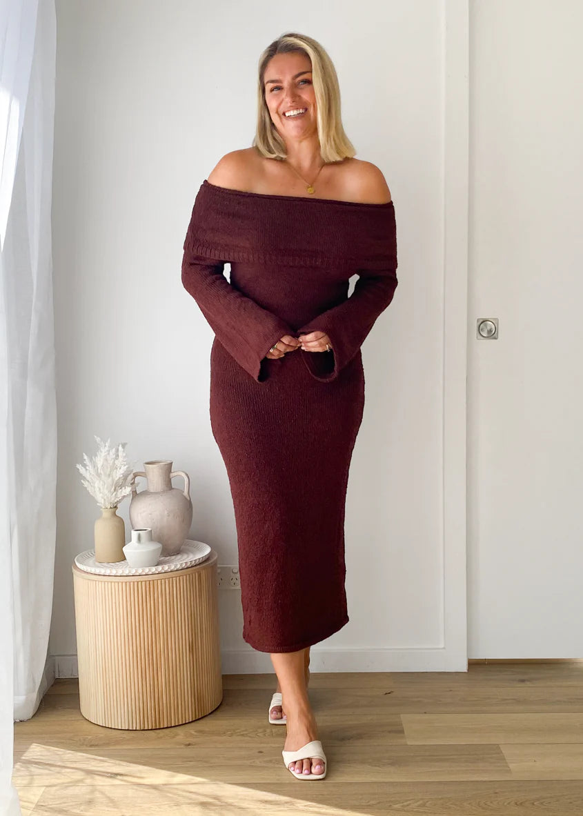Sky Off Shoulder Knit Midi Dress - Chocolate