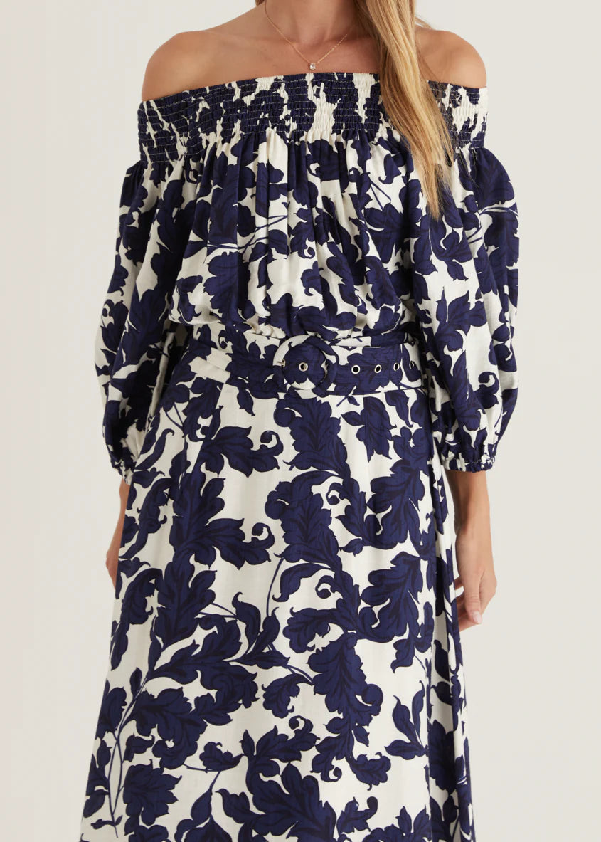Talu Off Shoulder Midi Dress - Navy Paisley