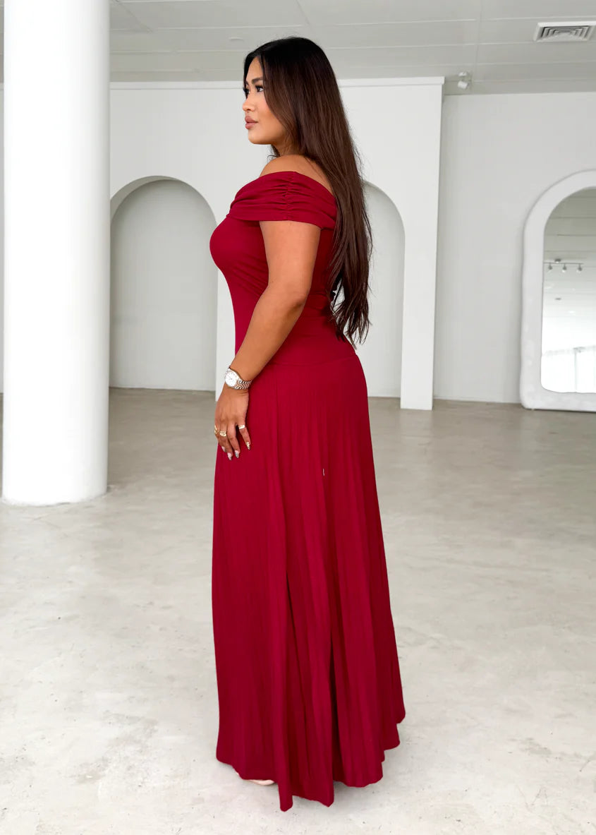 Lottie Off Shoulder Maxi Dress - Burgundy