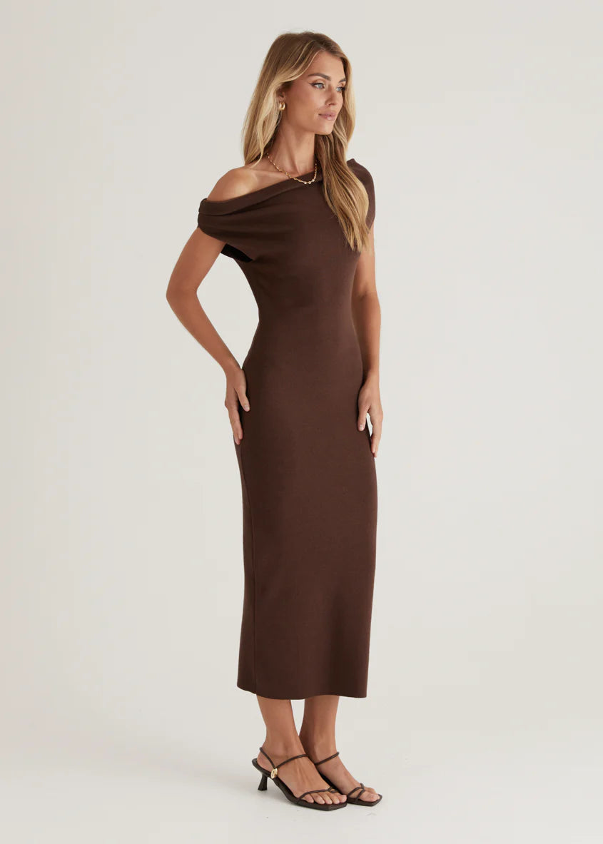 Mile Drop Shoulder Knit Midi Dress - Coffee