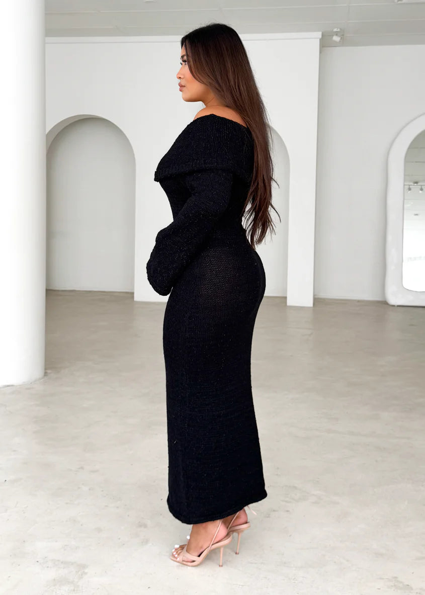 Sky Off Shoulder Knit Midi Dress - Black