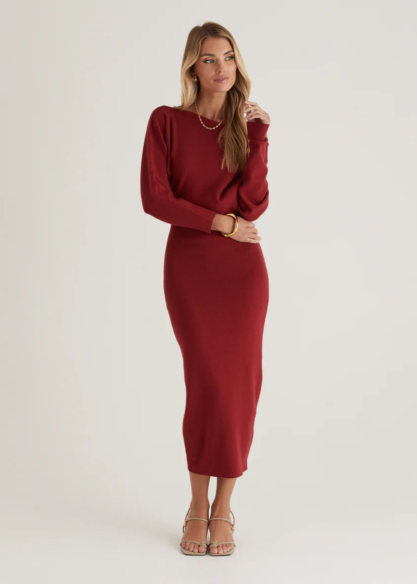 Milena Drop Shoulder Knit Midi Dress - Wine