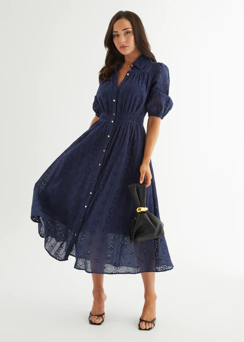 Eryn Midi Dress - Navy Anglaise