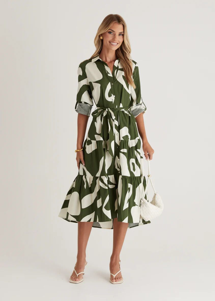 Maybelle Midi Dress - Khaki Leaf