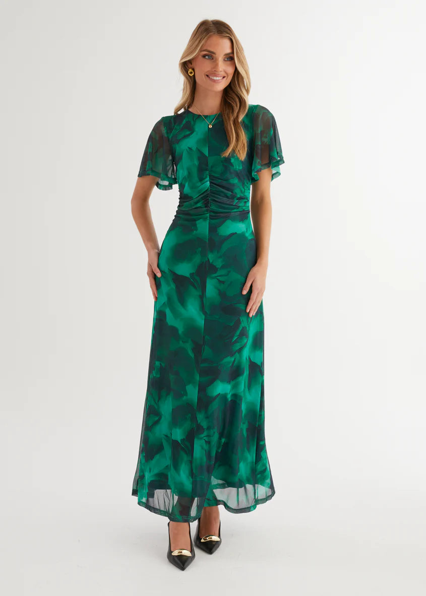 Ricki Mesh Midi Dress - Emerald Watercolour