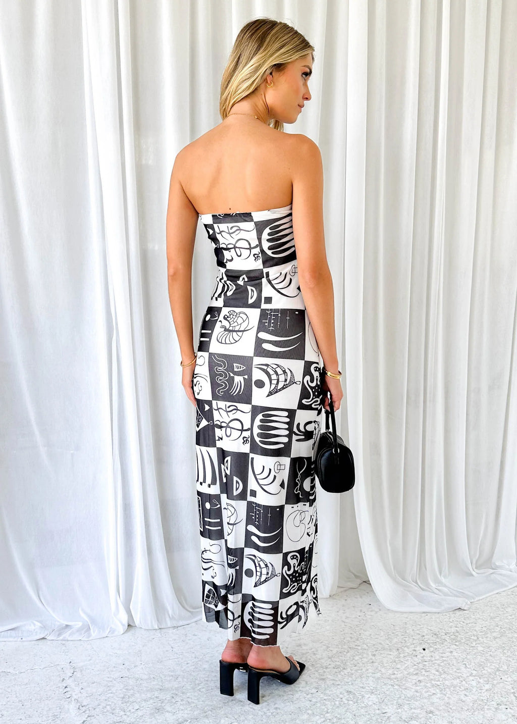 Ipper Strapless Maxi Dress - Black Abstract
