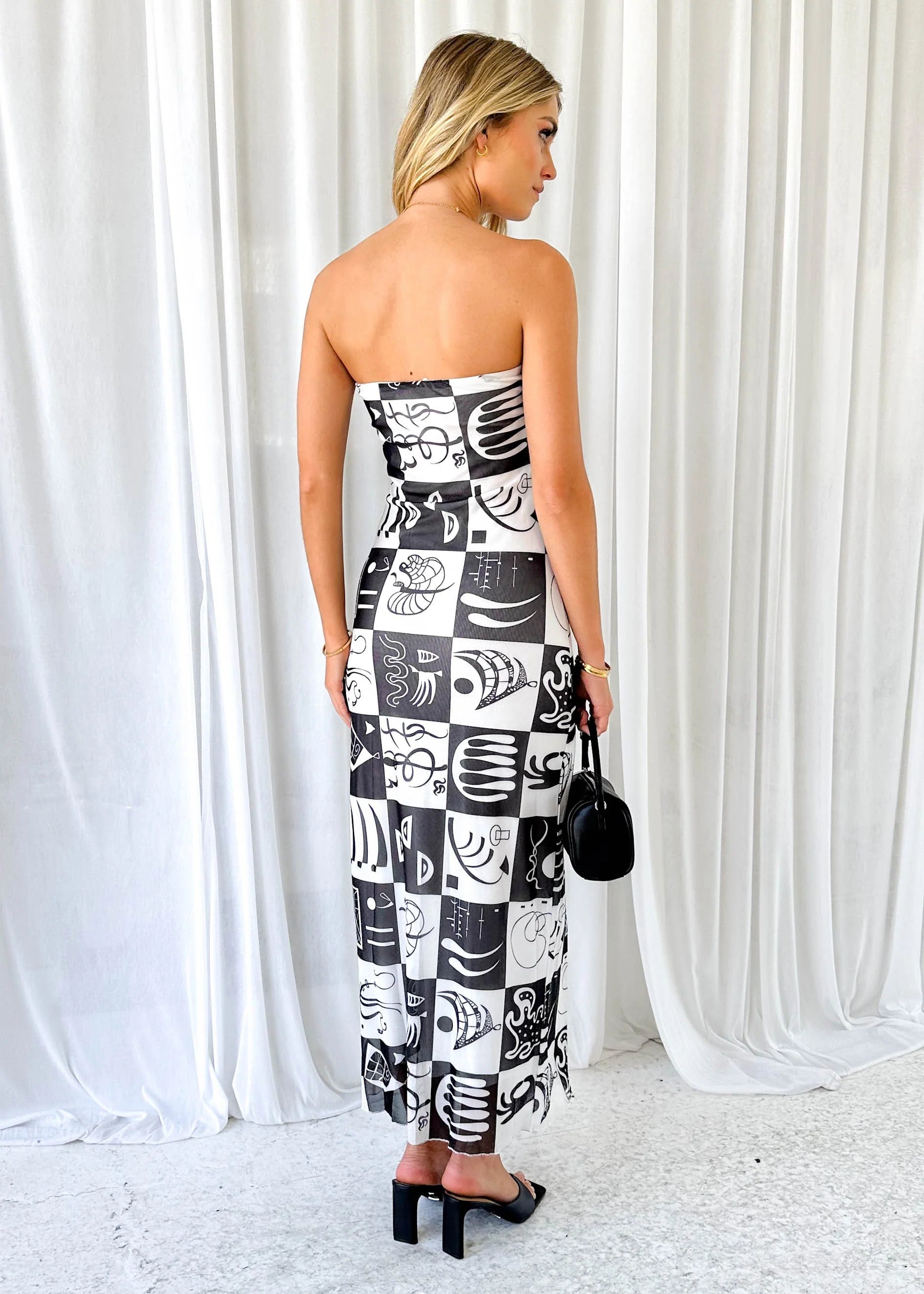 Ipper Strapless Maxi Dress - Black Abstract