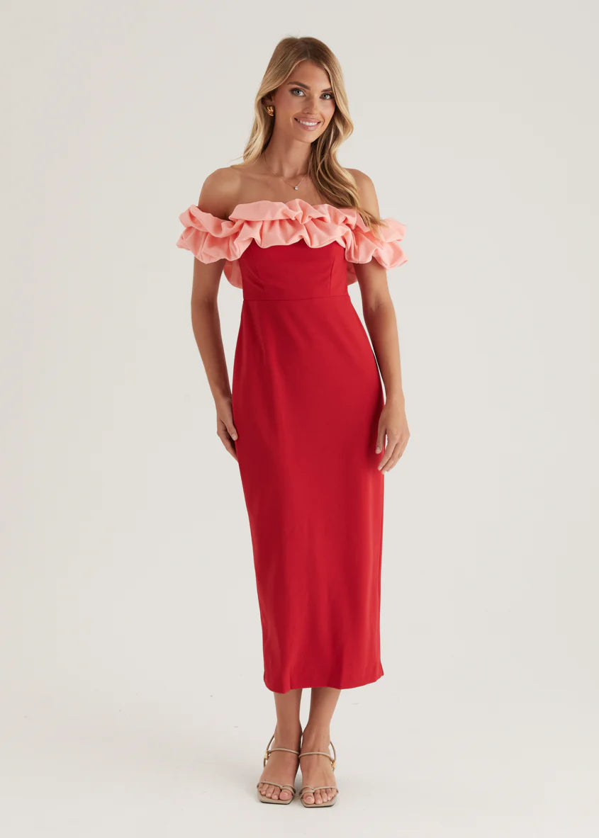 Ashlynn Off Shoulder Midi Dress - Cherry Splice