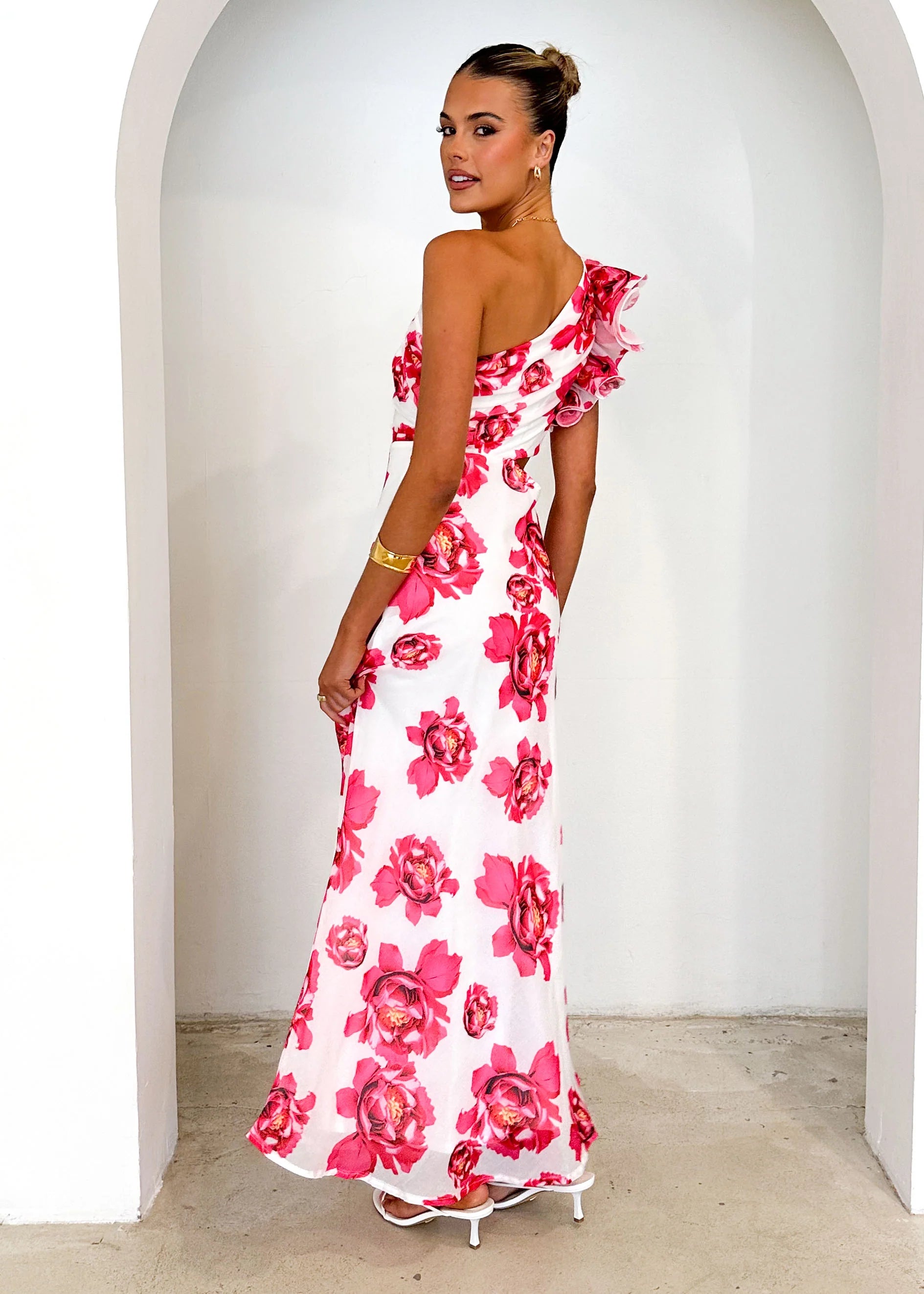 Edon One Shoulder Maxi Dress - Red Floral