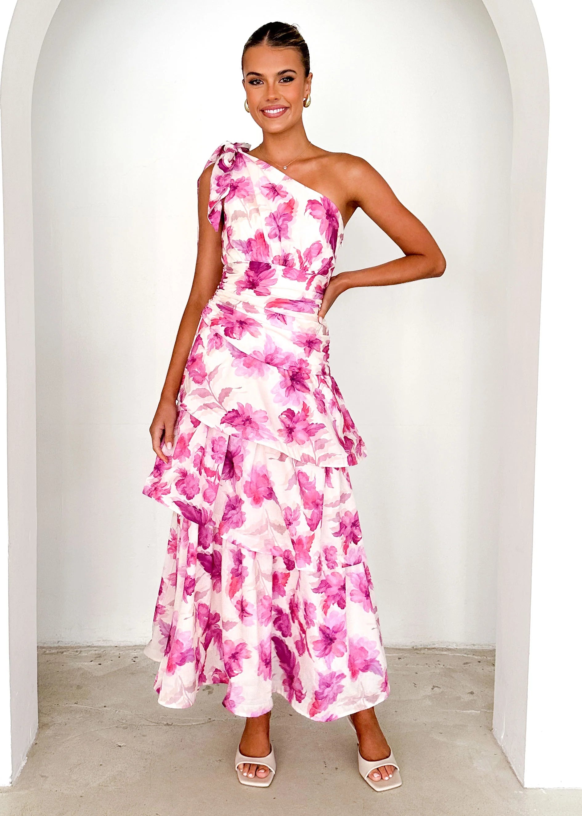 Anrielle One Shoulder Maxi Dress - Pink Flowers