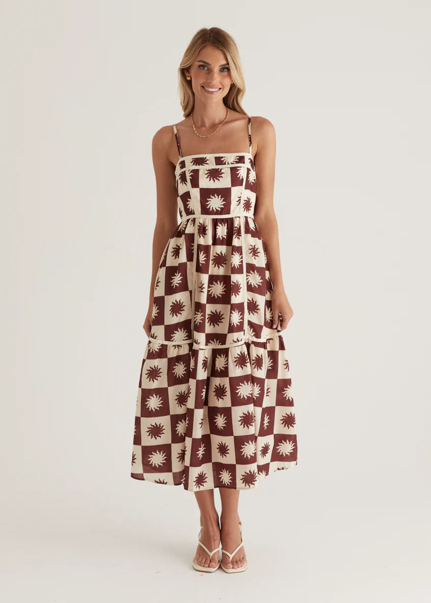 Valencia Midi Dress - Brown Abstract