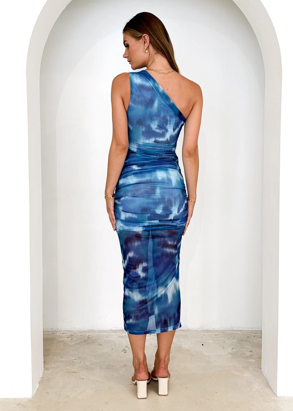 Amy One Shoulder Mesh Midi Dress - Blue Tie Dye