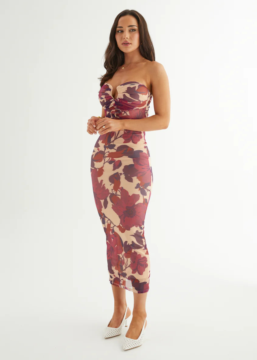 May Strapless Mesh Midi Dress - Mulberry Floral