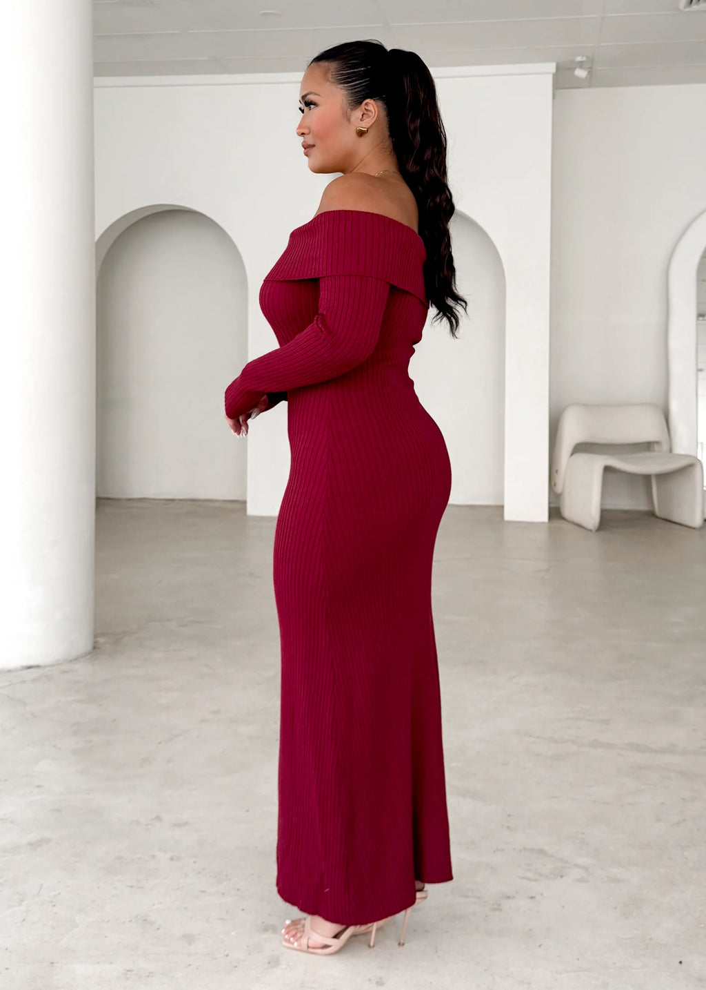 Aloe Off Shoulder Knit Maxi Dress - Wine