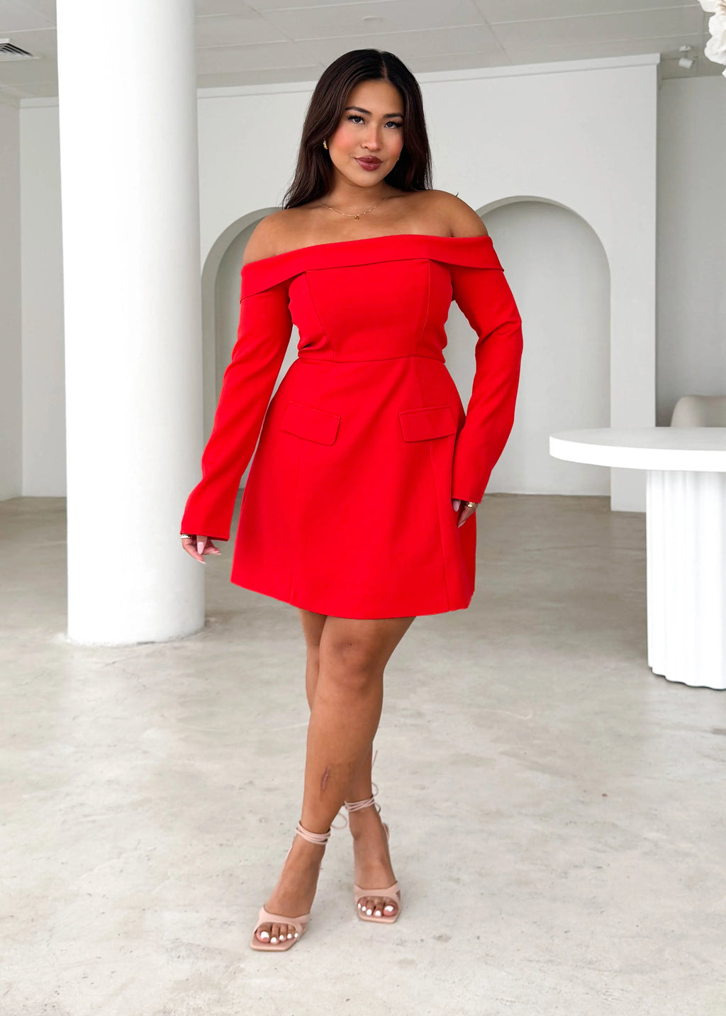 Santiago Off Shoulder Dress - Red