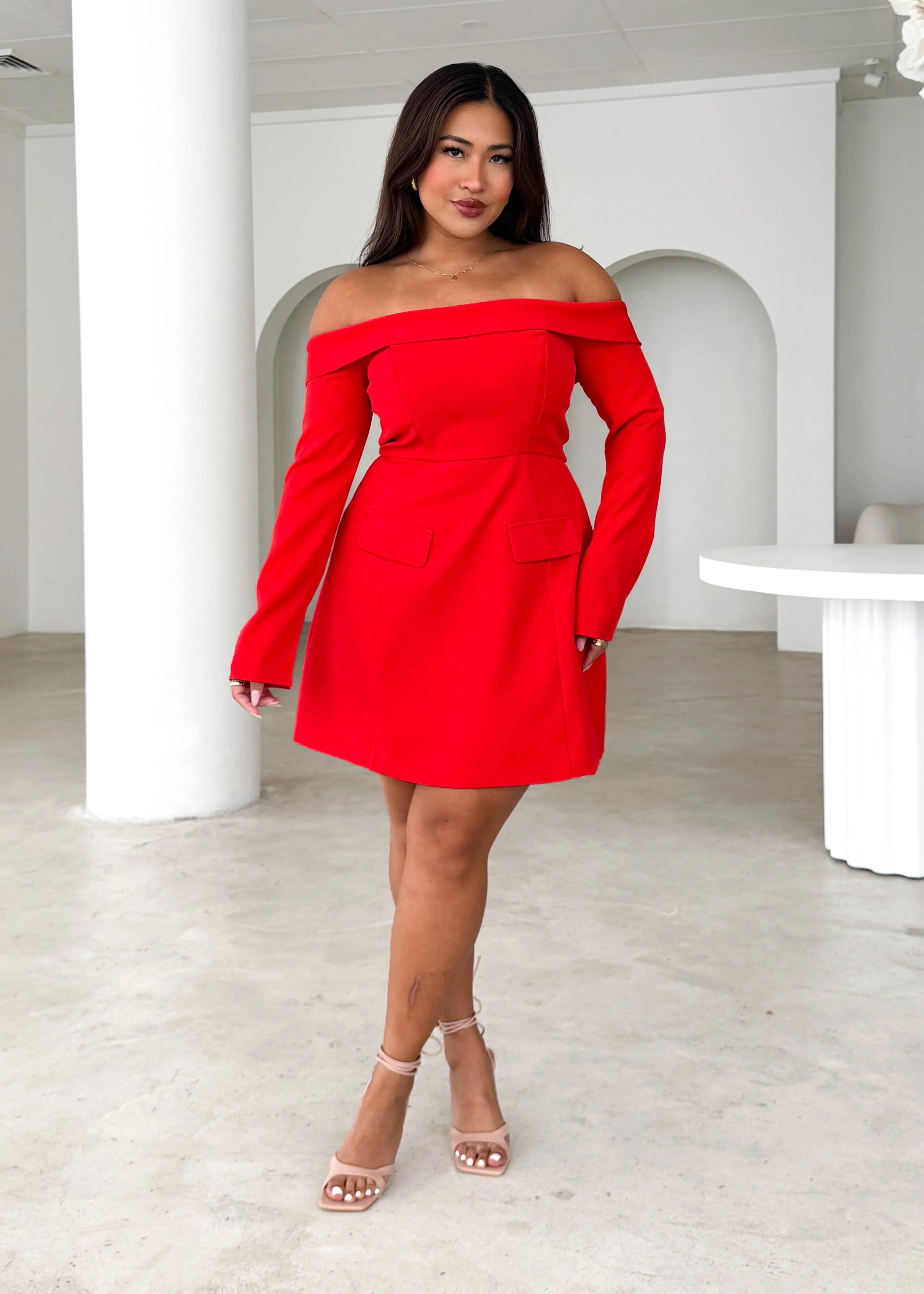 Santiago Off Shoulder Dress - Red