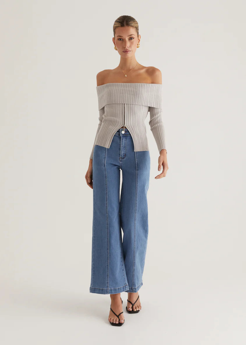 Ember Off Shoulder Knit Top - Stone