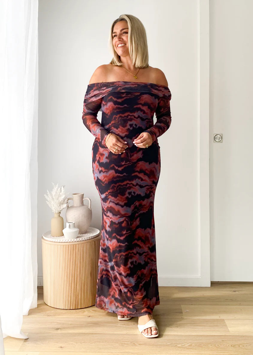 Sienna Mesh Off Shoulder Maxi Dress - Black Tie Dye