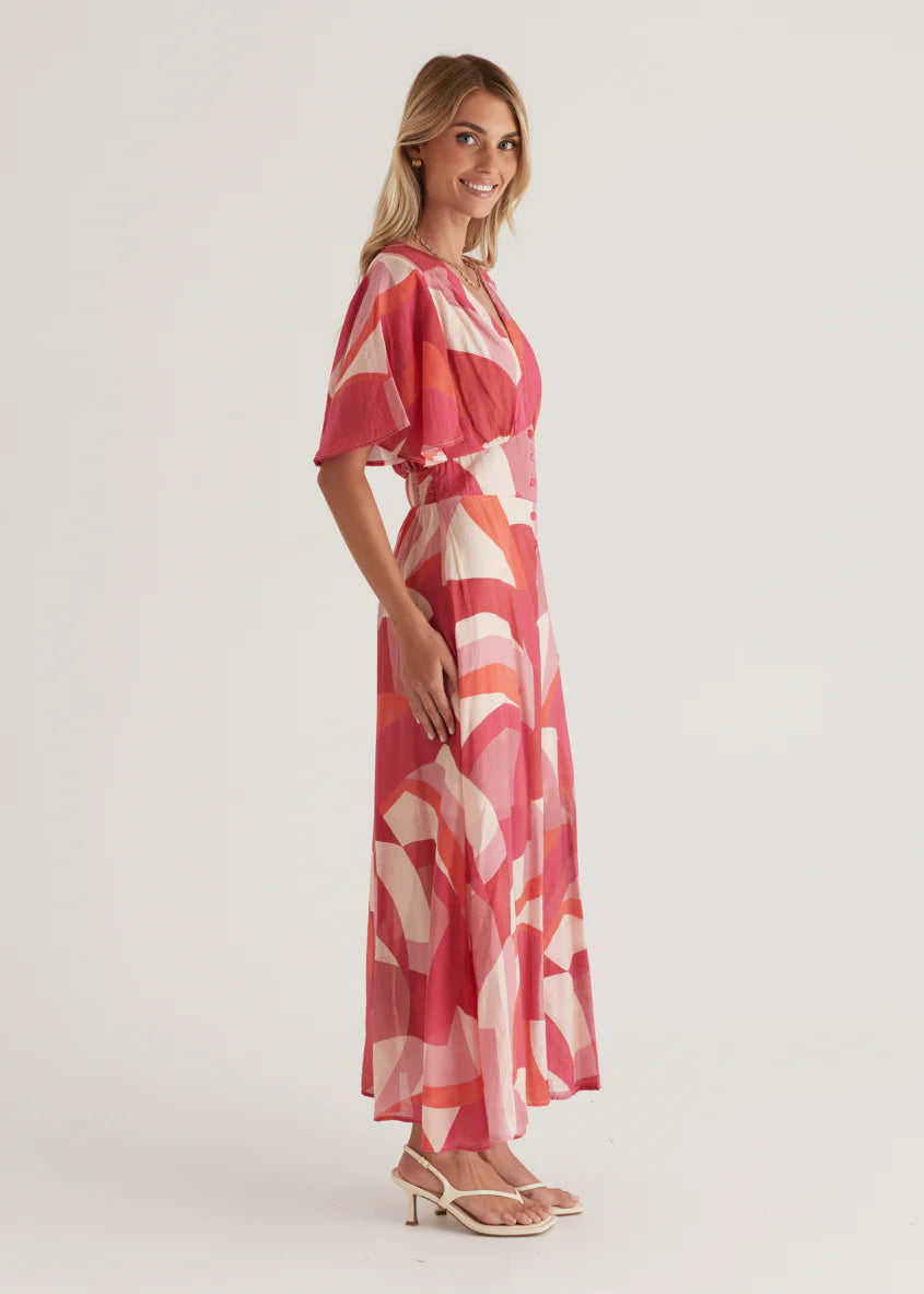 Jasmine Midi Dress - Pink Geo