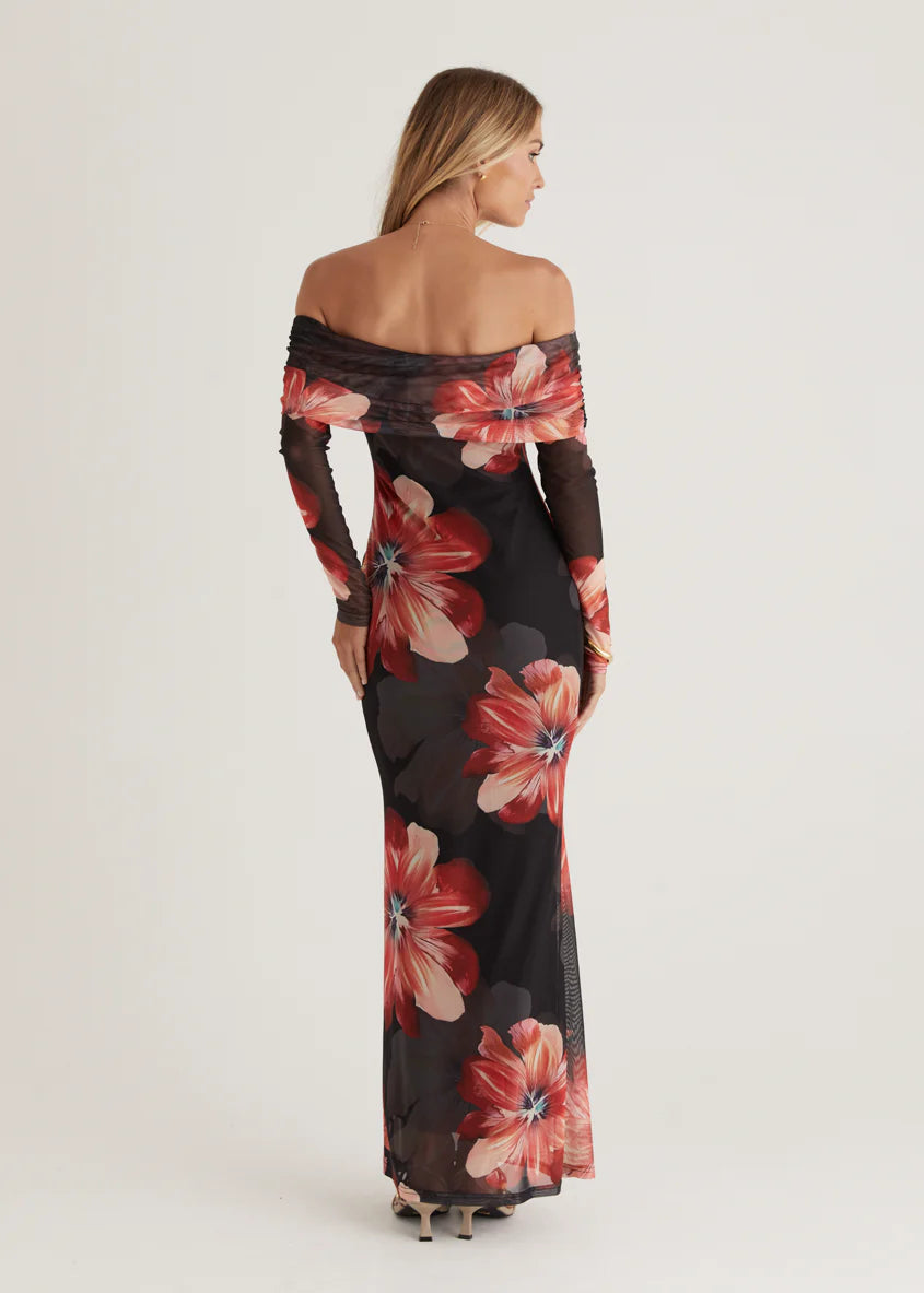 Sienna Mesh Off Shoulder Maxi Dress - Red Floral
