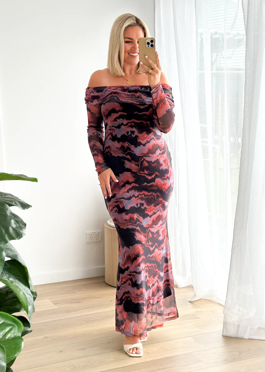 Sienna Mesh Off Shoulder Maxi Dress - Black Tie Dye