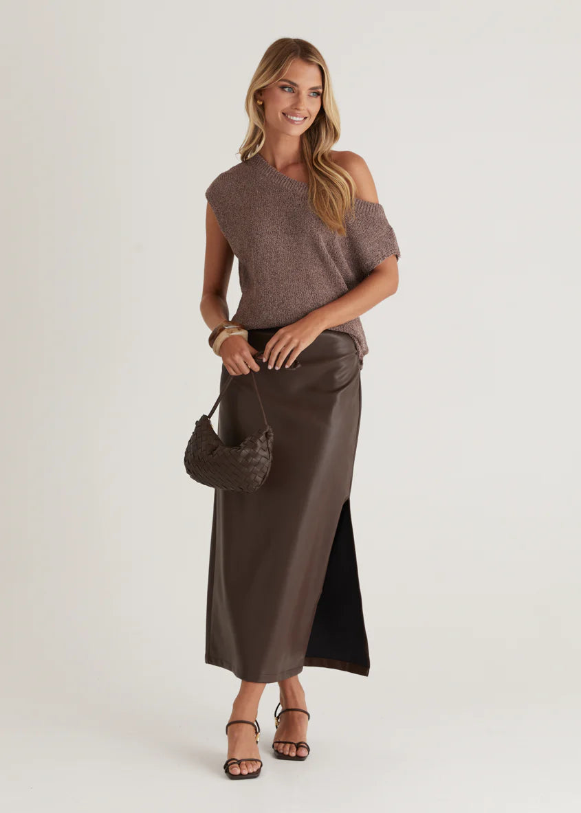 Casoni One Shoulder Knit Top - Choc