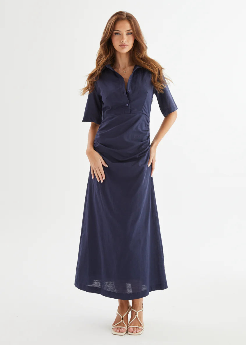 Stellar Linen Midi Dress - Navy