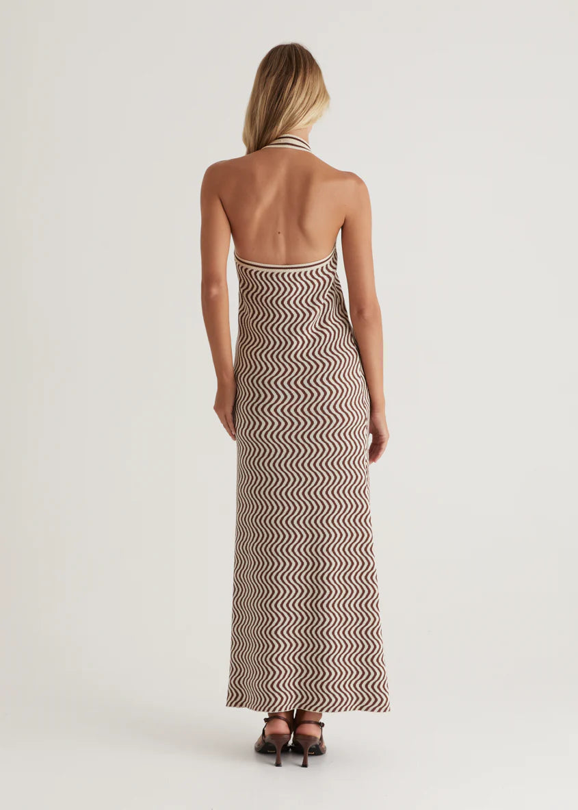 Lorelai Halter Knit Maxi Dress - Brown Swirl