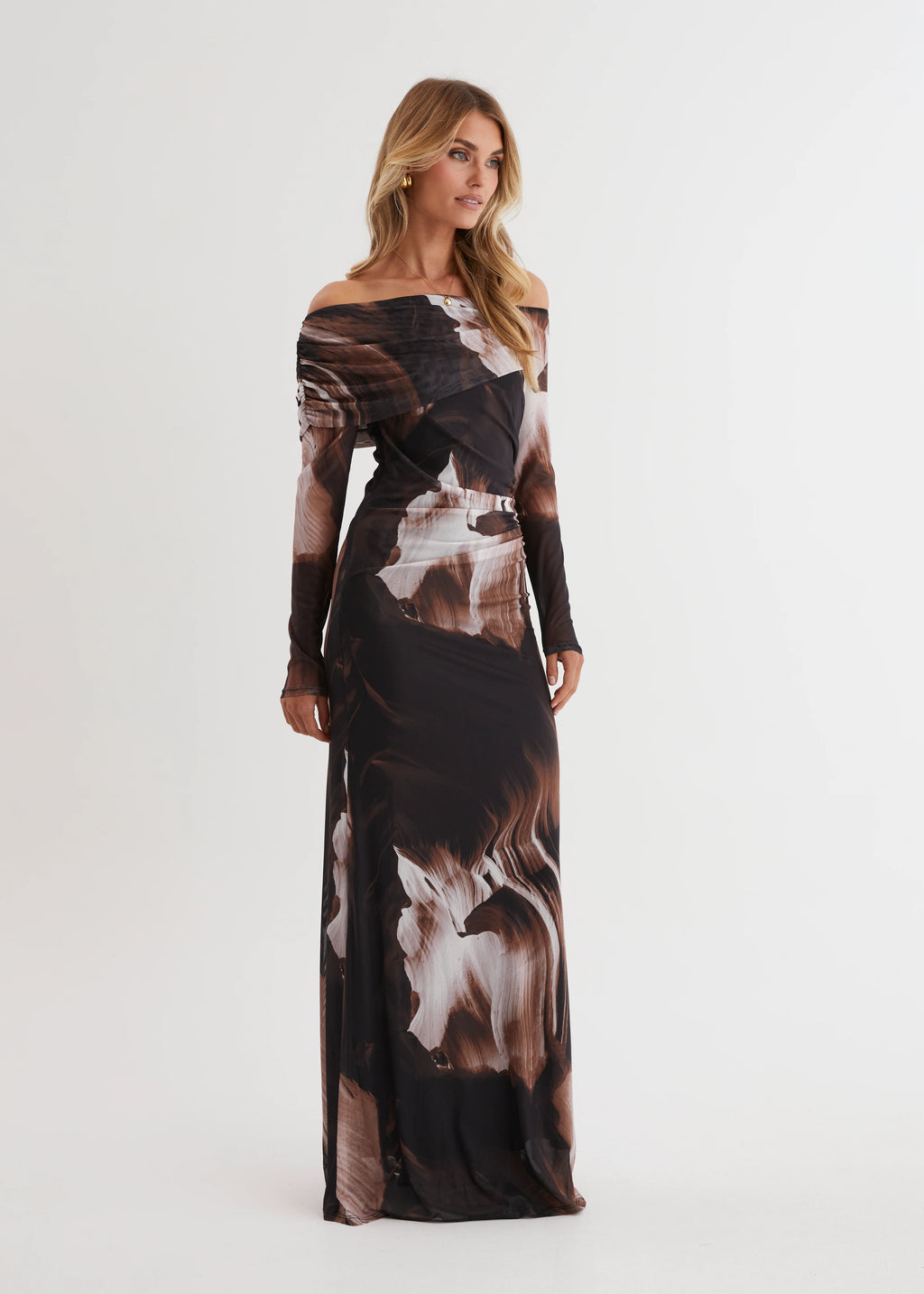 Nix Off Shoulder Maxi Dress - Choc Swirl