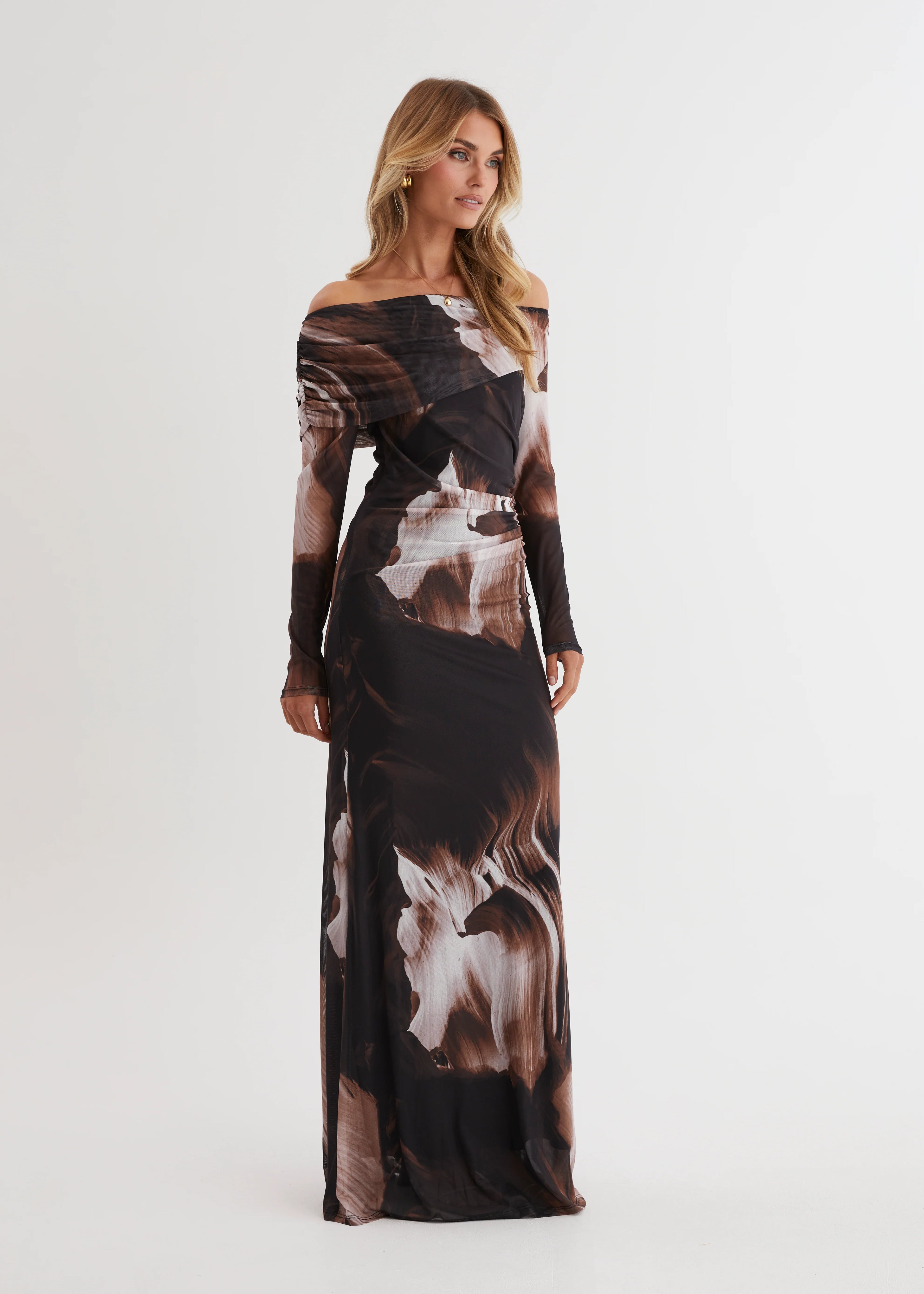 Nix Off Shoulder Maxi Dress - Choc Swirl