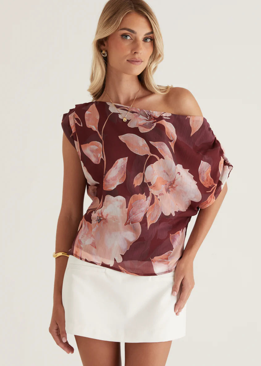 Tatum Off Shoulder Top - Burgundy Floral