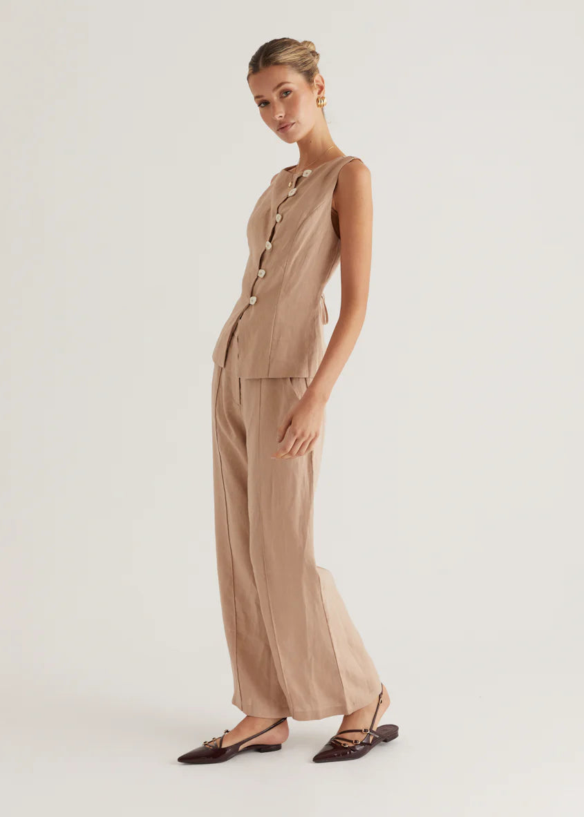 Thalia Linen Vest Top - Taupe