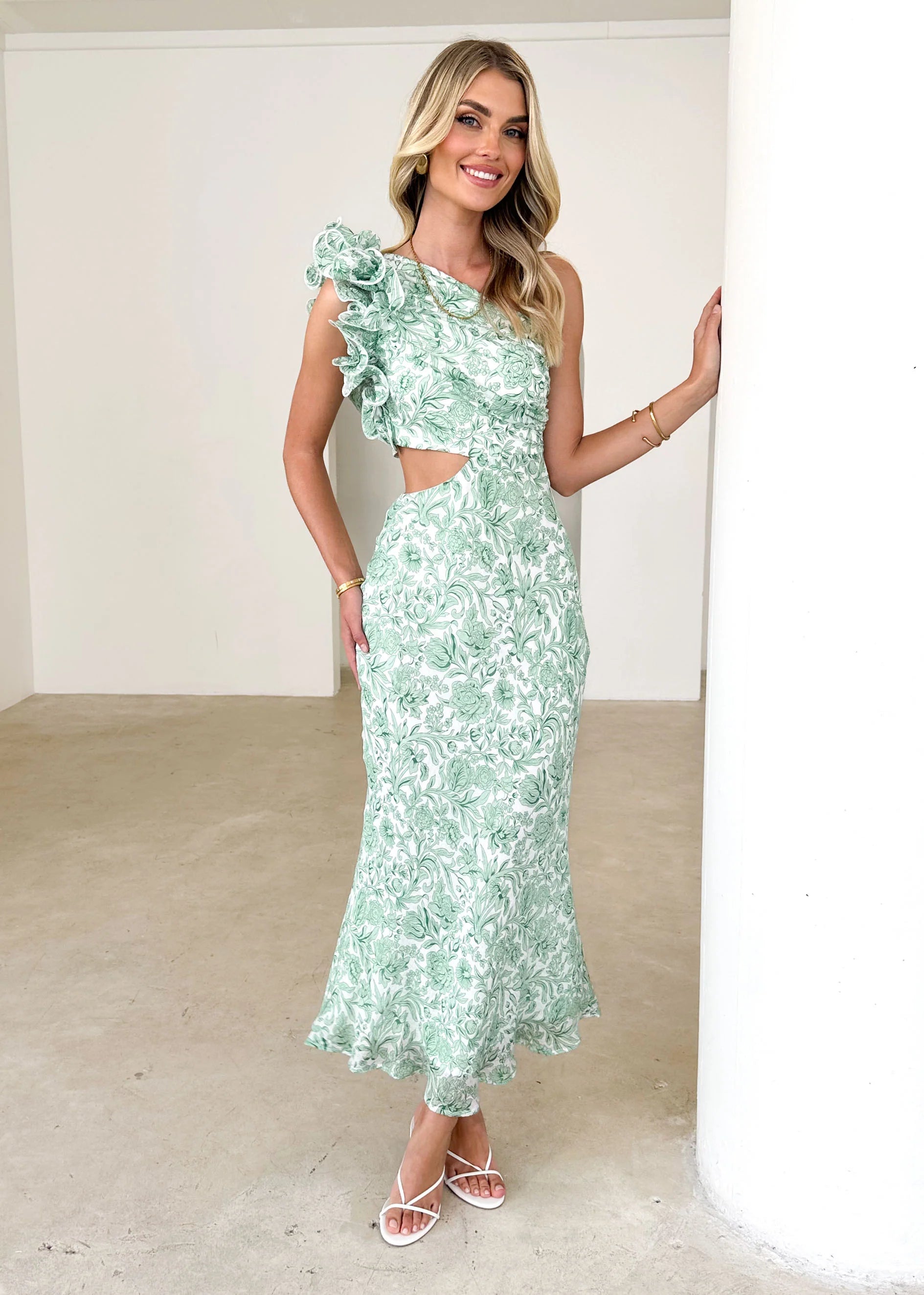 Adelia One Shoulder Midi Dress - Green Floral