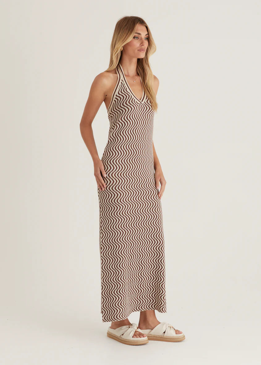 Lorelai Halter Knit Maxi Dress - Brown Swirl
