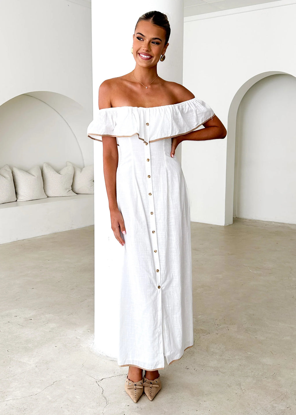 Genesis Off Shoulder Midi Dress - Off White