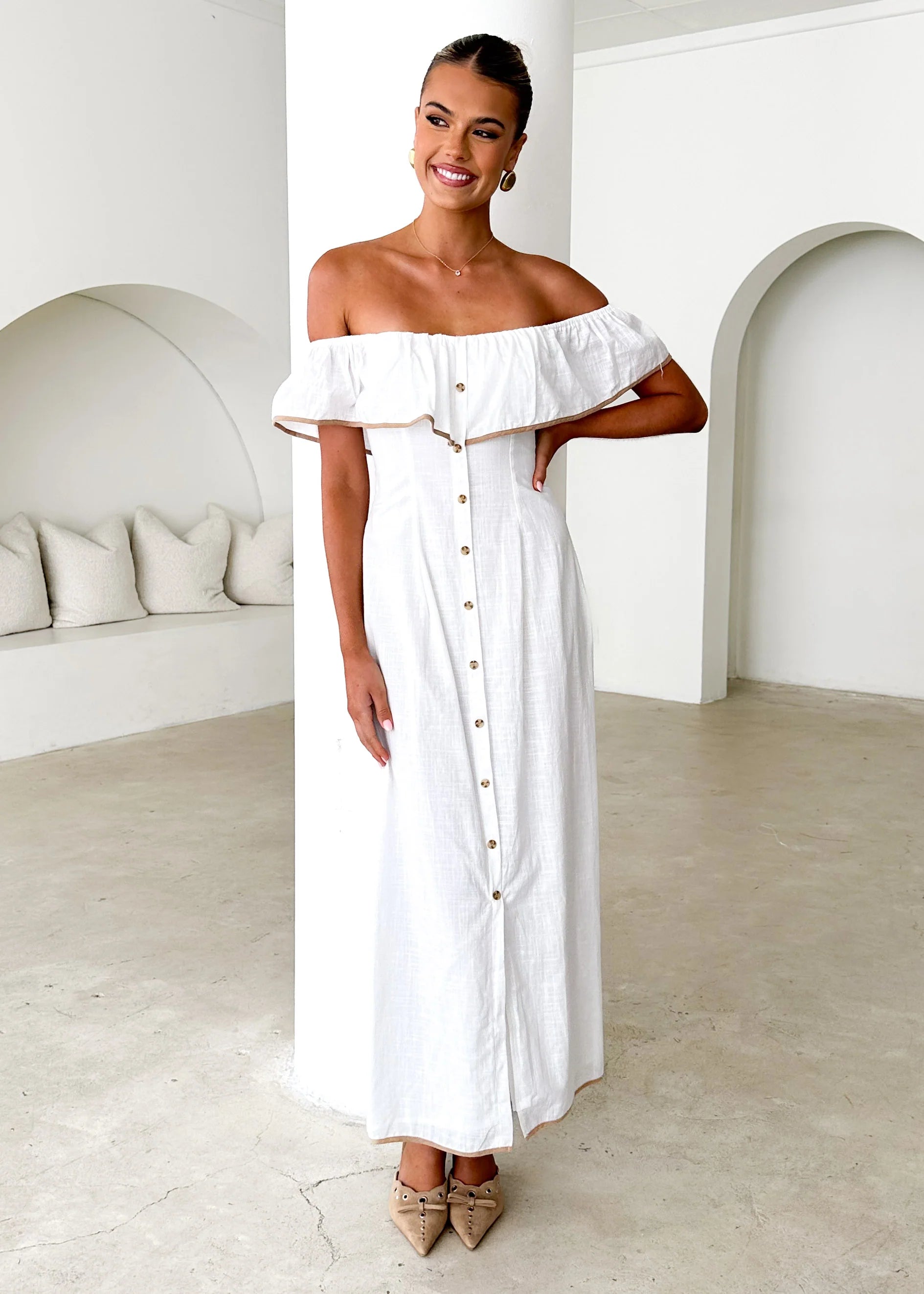 Genesis Off Shoulder Midi Dress - Off White