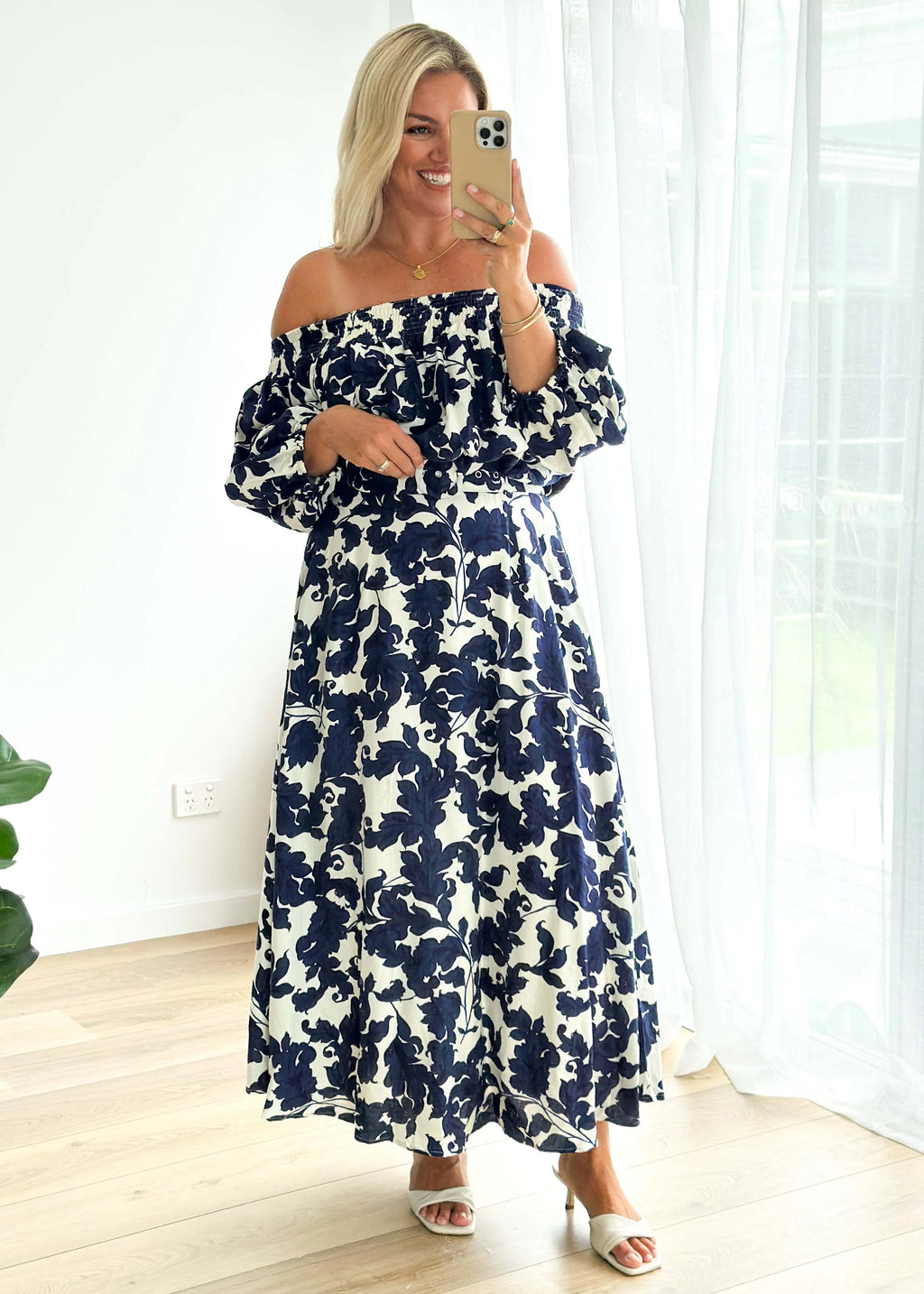 Talu Off Shoulder Midi Dress - Navy Paisley