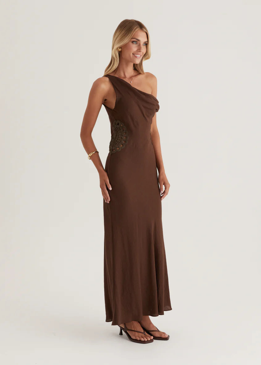 Sarai One Shoulder Maxi Dress - Chocolate