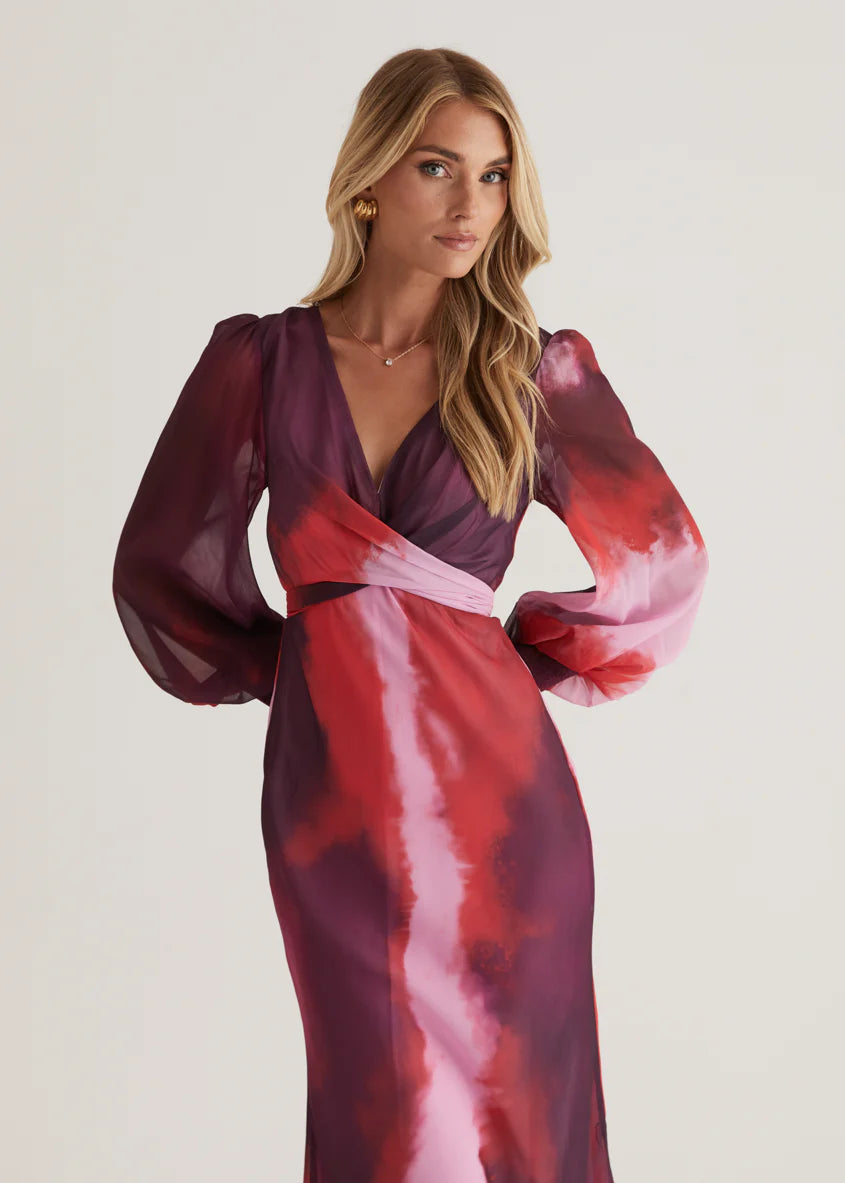 Camellia Midi Dress - Plum Tie Dye