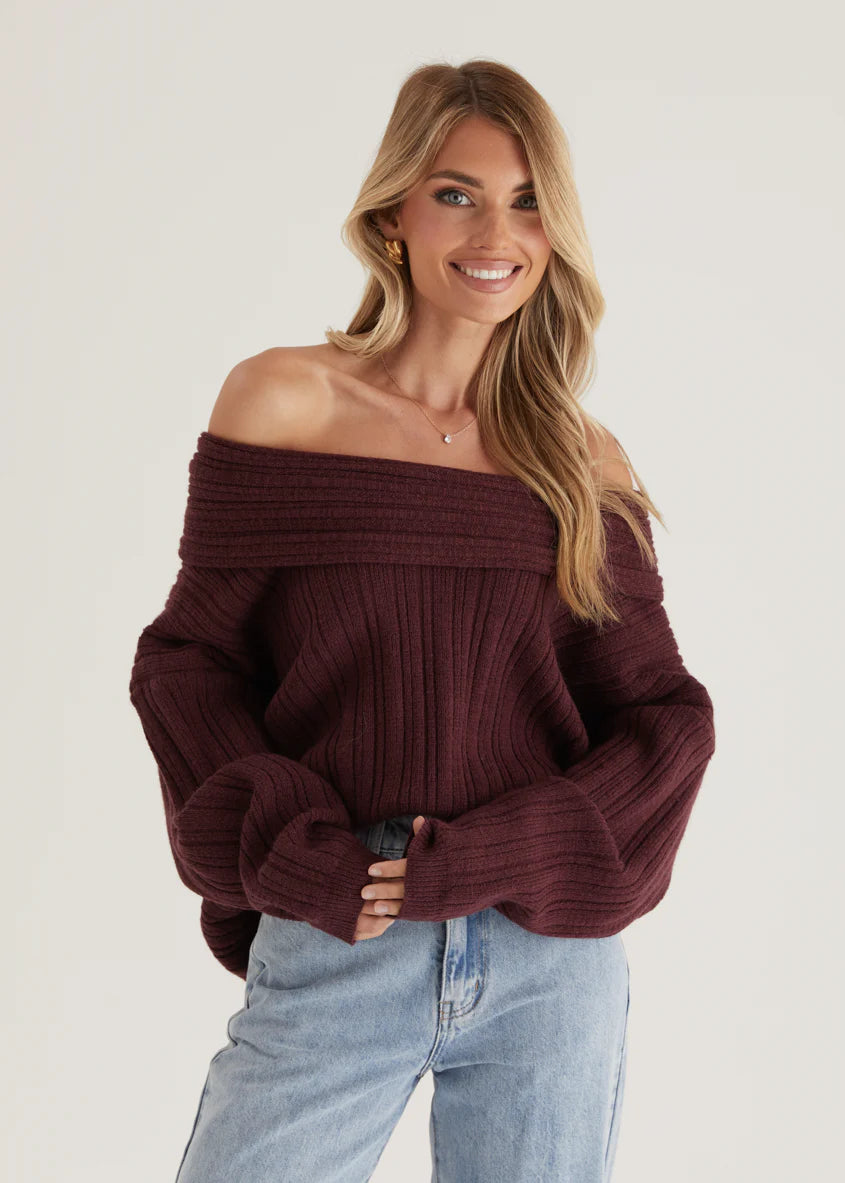 Shiloh Off Shoulder Sweater - Wine
