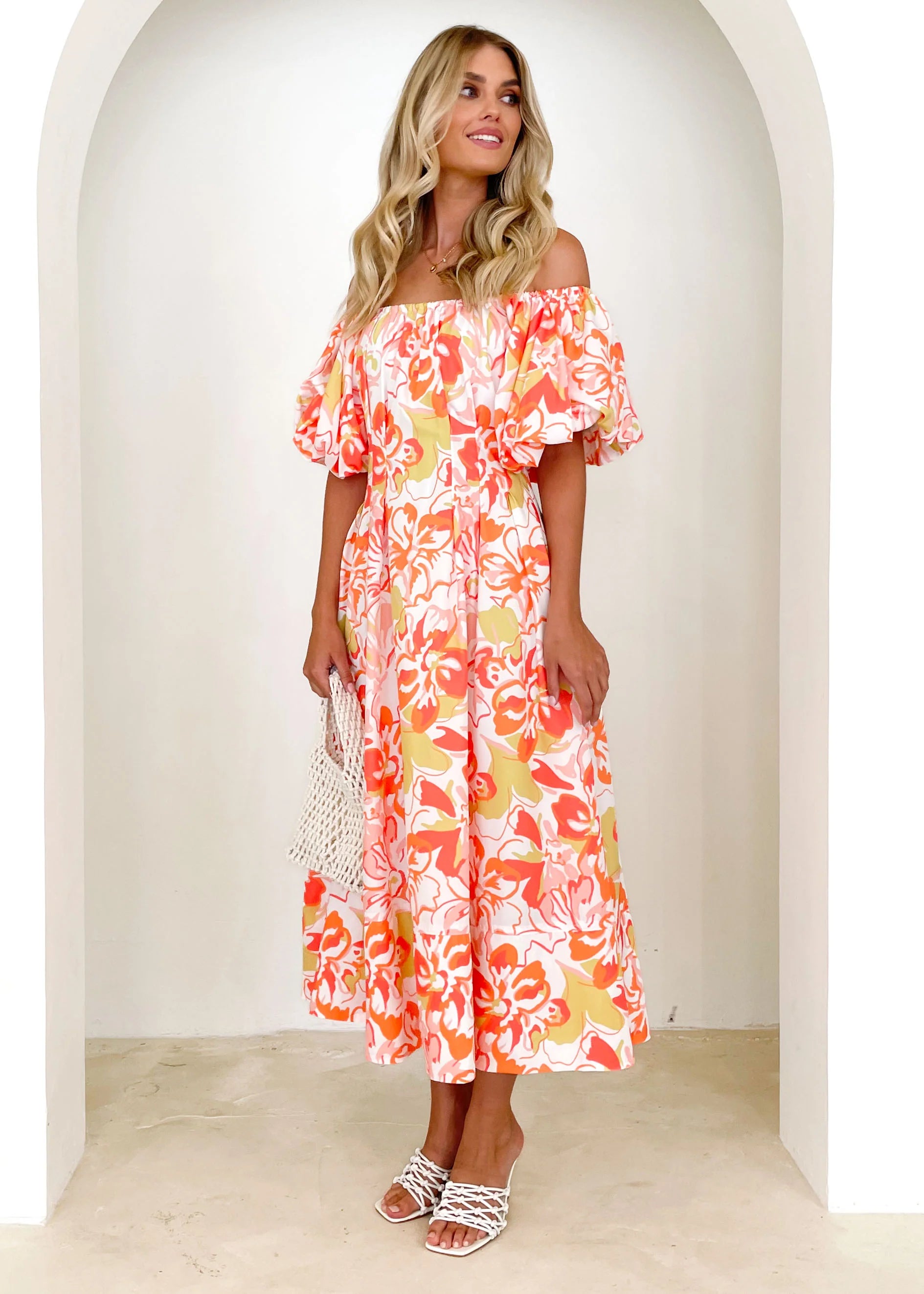 Jasmyn Off Shoulder Midi Dress - Mango Hibiscus