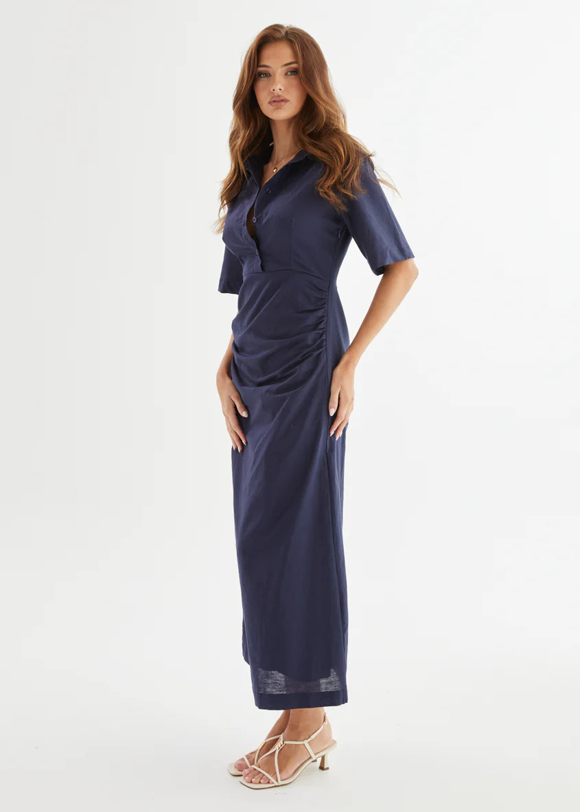 Stellar Linen Midi Dress - Navy