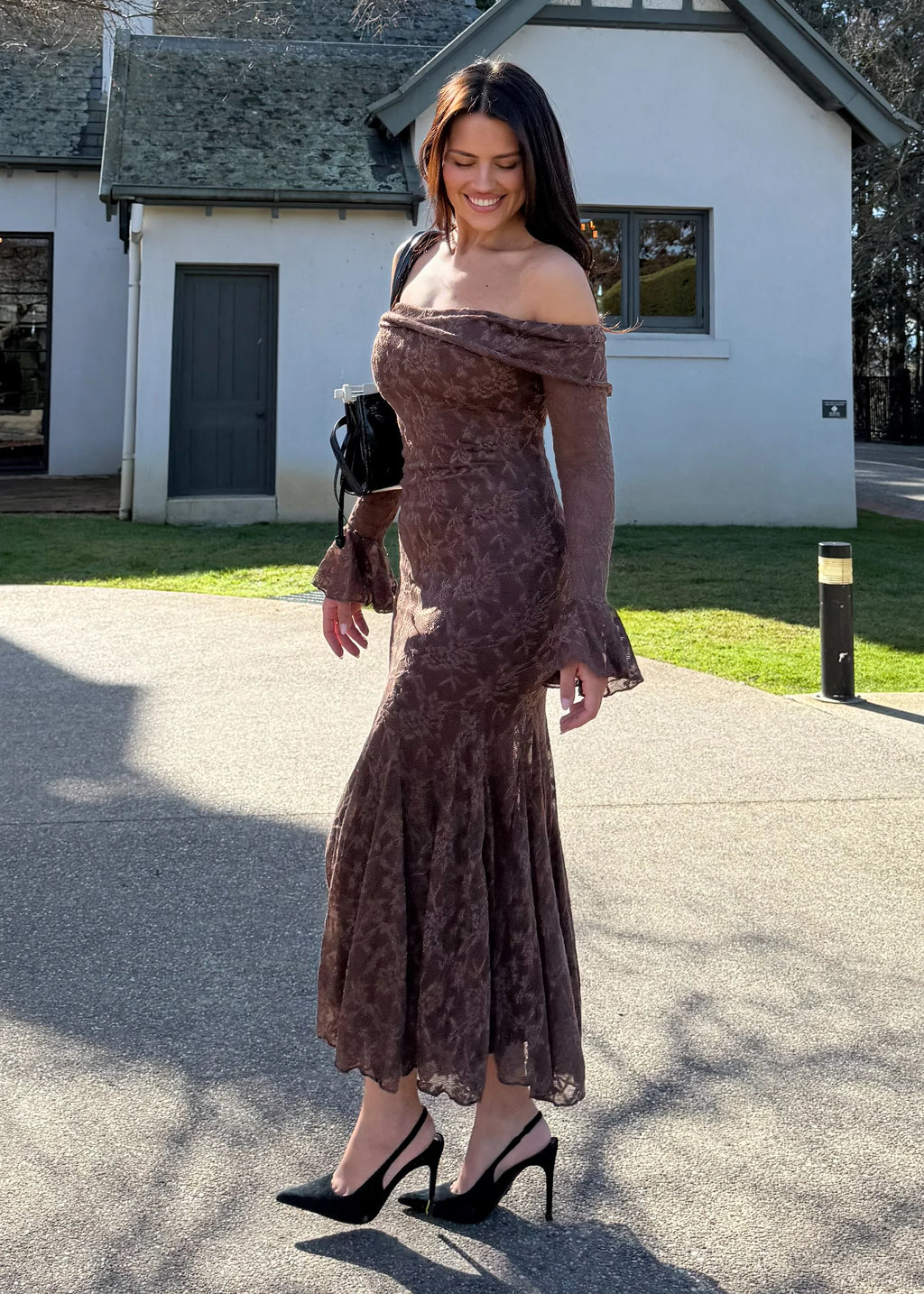 Cabo Off Shoulder Lace Maxi Dress - Chocolate