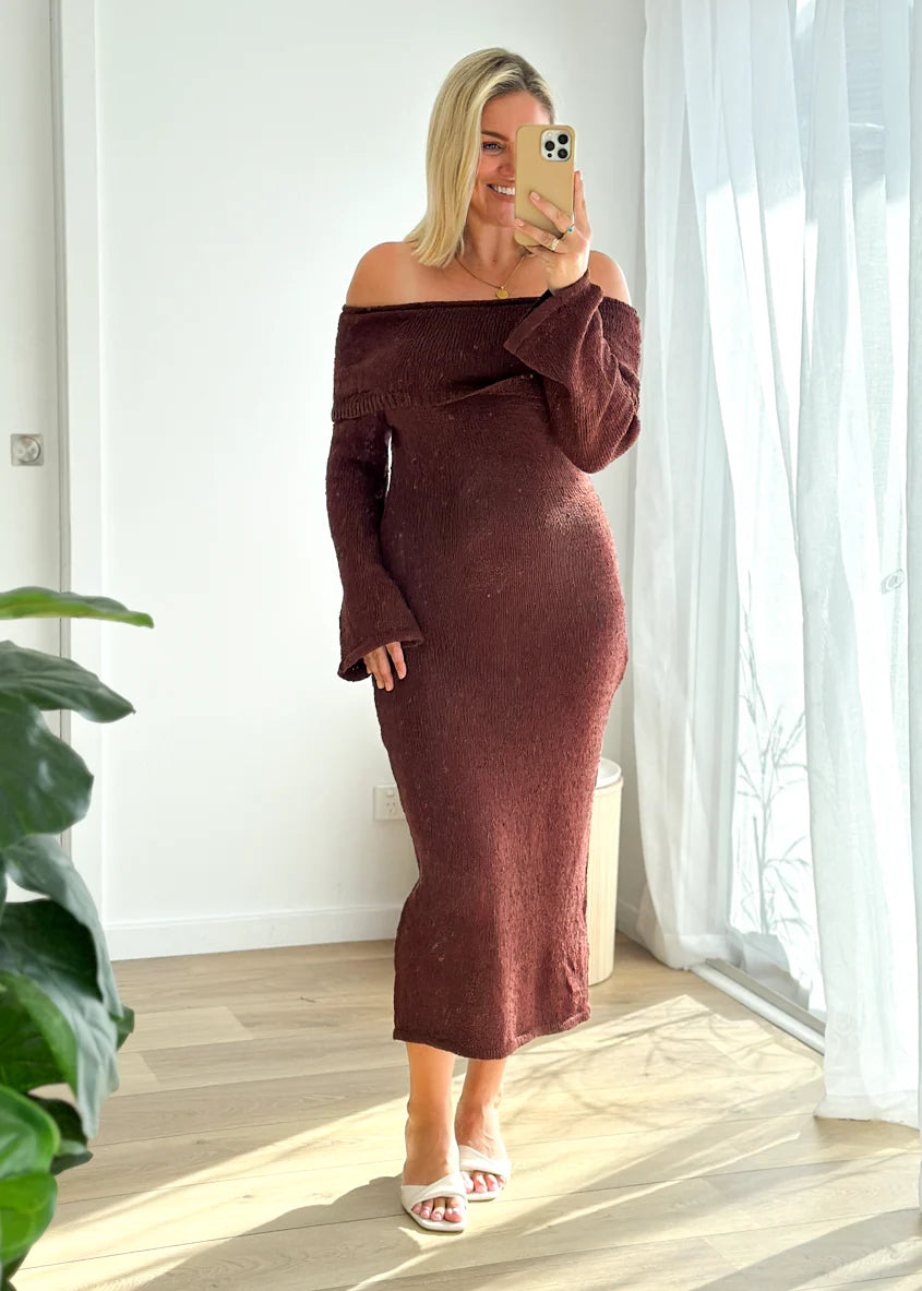 Sky Off Shoulder Knit Midi Dress - Chocolate