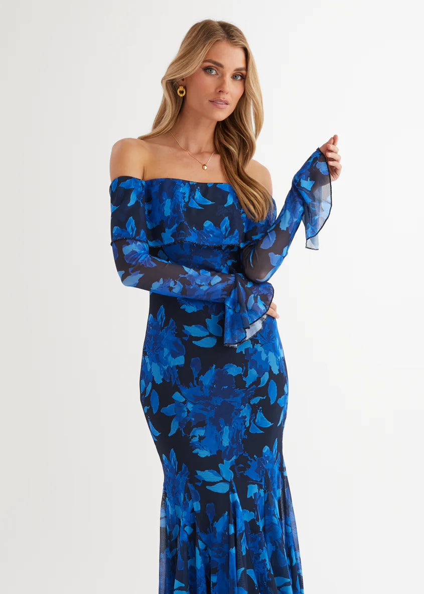 Linier Off Shoulder Mesh  Maxi Dress - Blue Floral