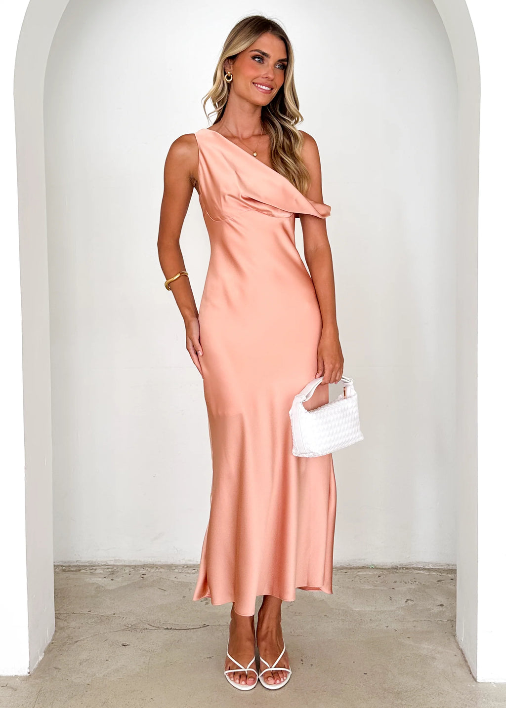 Draela One Shoulder Midi Dress - Peach
