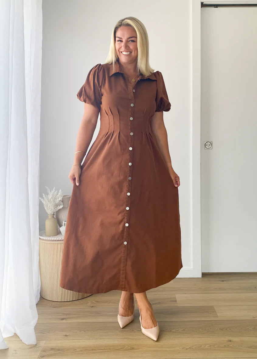Acer Denim Midi Dress - Brown