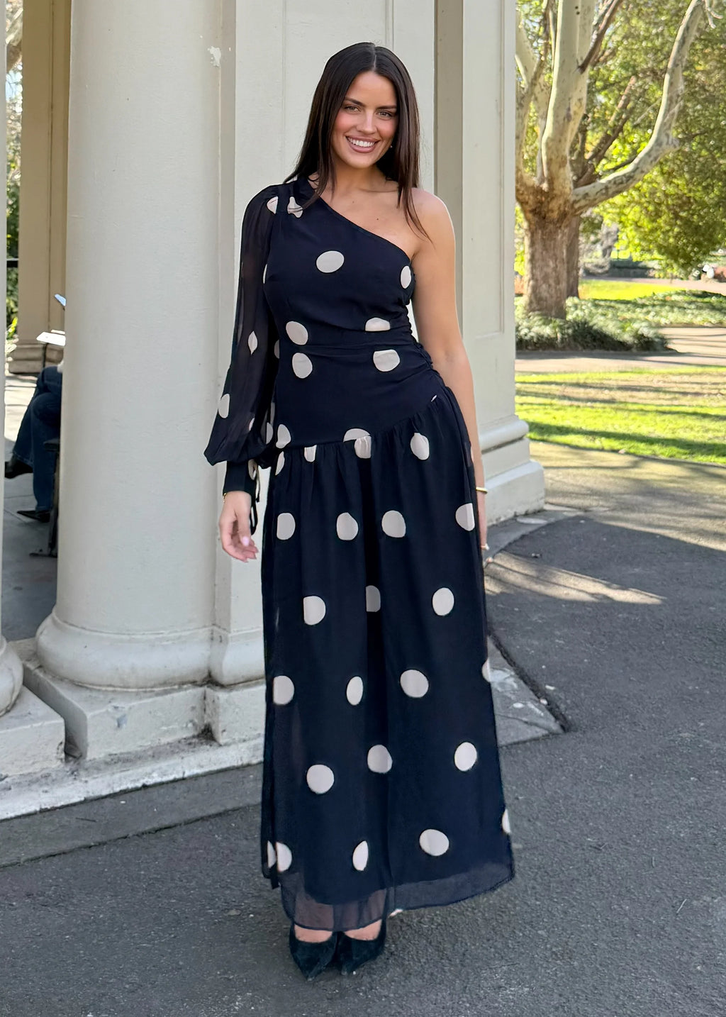 Ella One Shoulder Maxi Dress - Black Polka