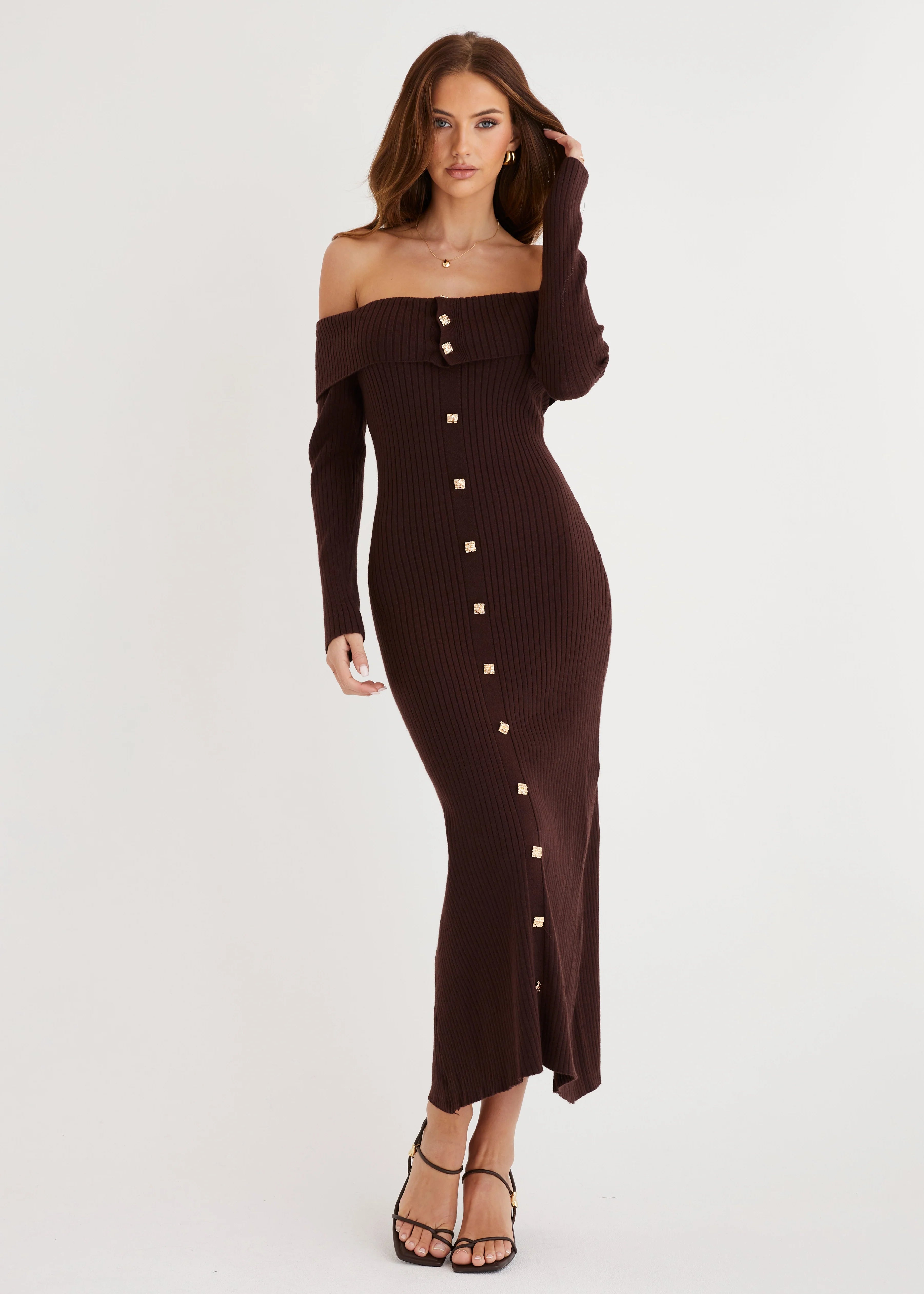 Aloe Off Shoulder Knit Maxi Dress - Chocolate