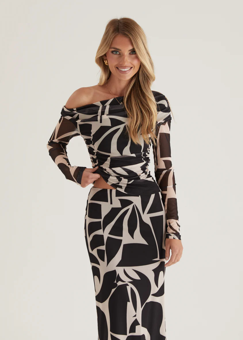 Mimi Mesh Maxi Skirt - Black Abstract